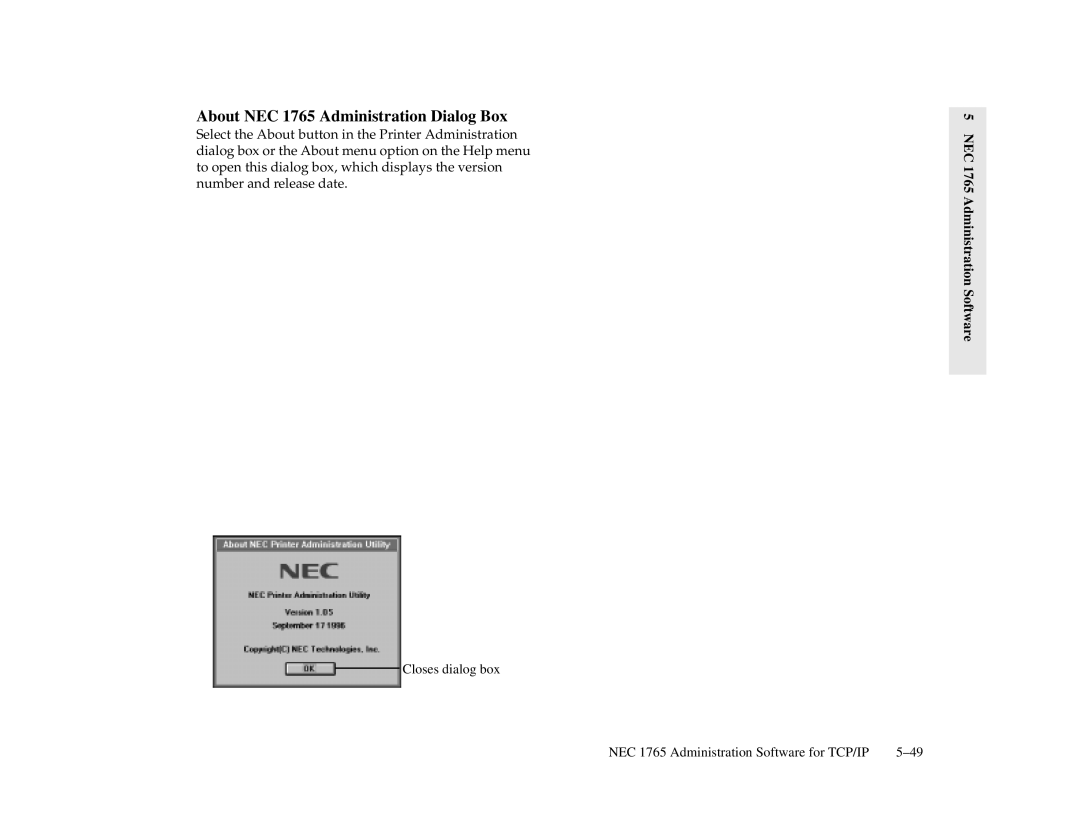 NEC 1700 Series manual About NEC 1765 Administration Dialog Box 