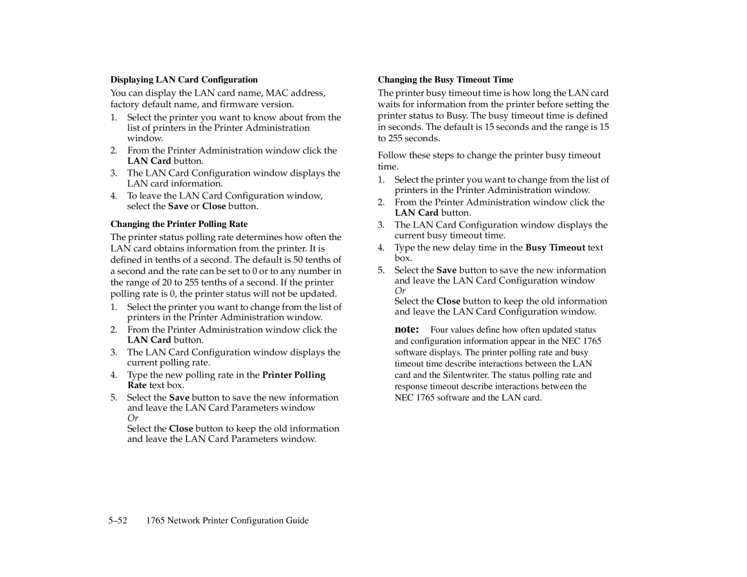 NEC 1765, 1700 Series manual Displaying LAN Card Configuration, Changing the Printer Polling Rate 