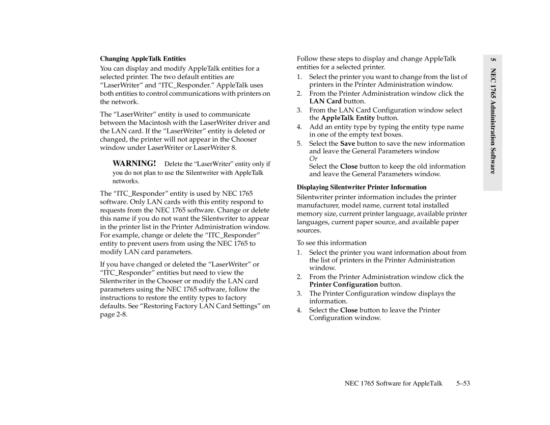 NEC 1700 Series, 1765 manual Changing AppleTalk Entities, Displaying Silentwriter Printer Information 