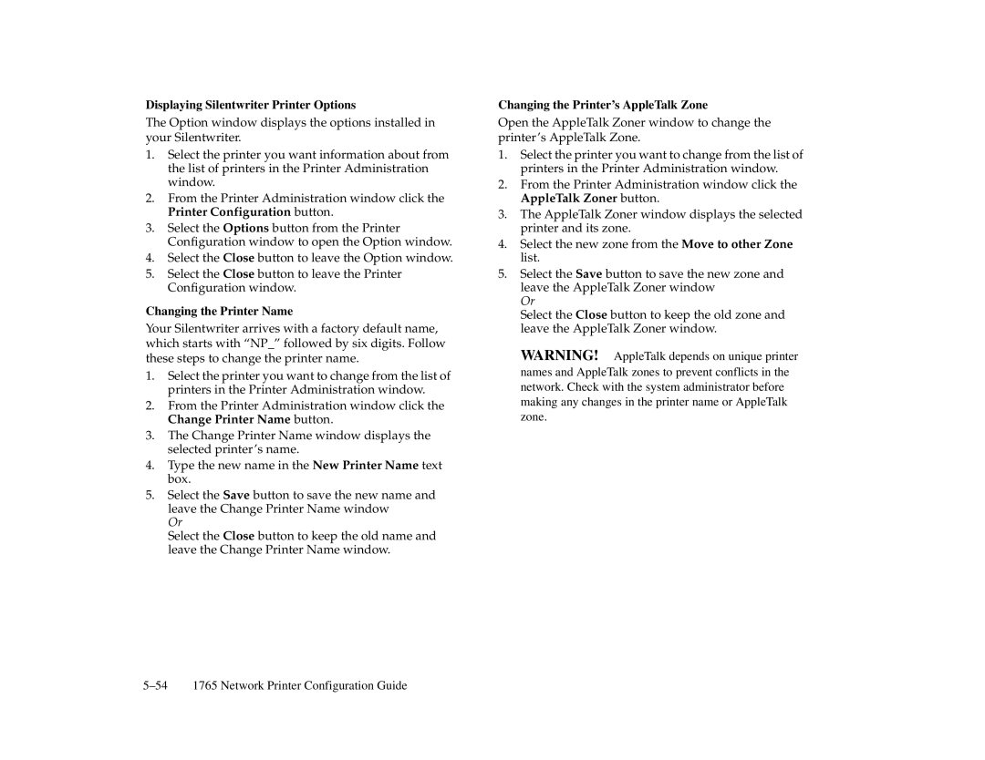 NEC 1765, 1700 Series manual Displaying Silentwriter Printer Options, Changing the Printer’s AppleTalk Zone 