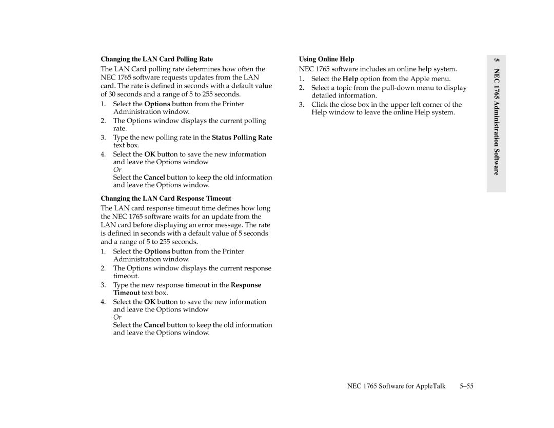 NEC 1700 Series, 1765 manual Changing the LAN Card Polling Rate, Changing the LAN Card Response Timeout 