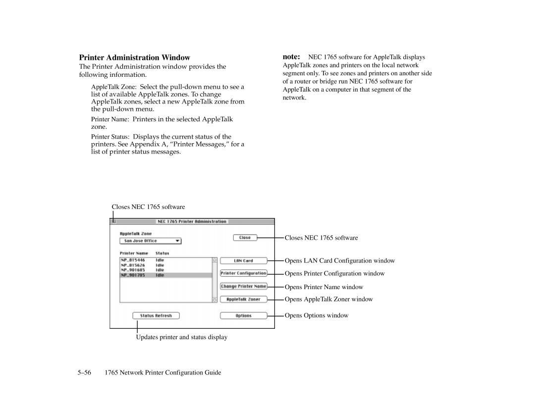 NEC 1765, 1700 Series manual Printer Administration Window 