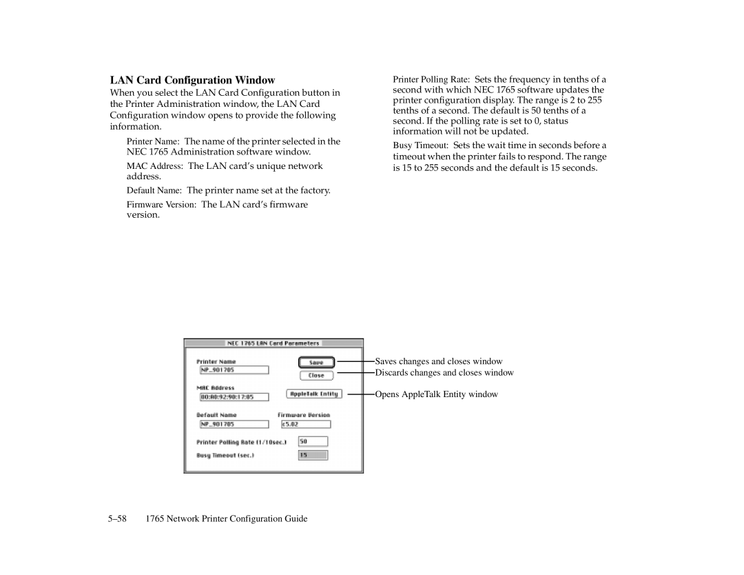 NEC 1765, 1700 Series manual LAN Card Configuration Window 