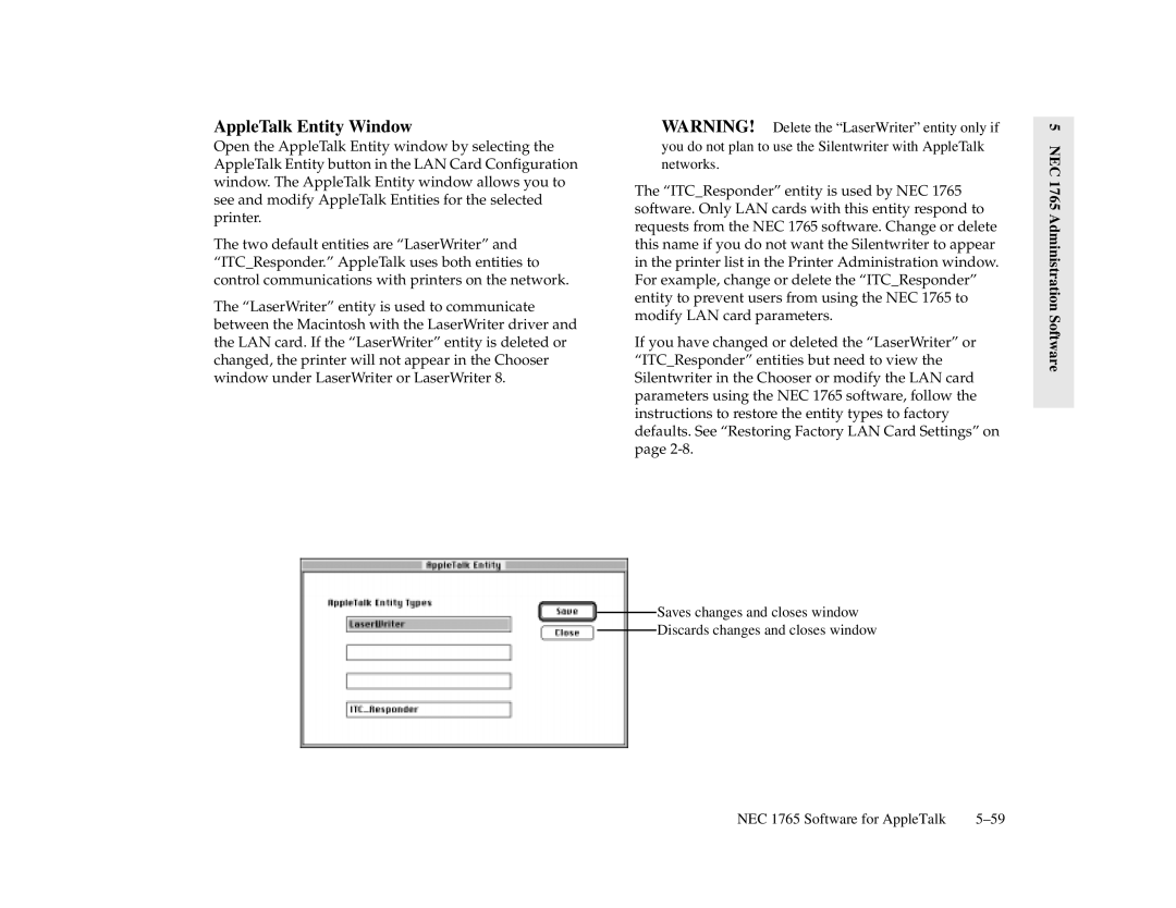 NEC 1700 Series, 1765 manual AppleTalk Entity Window 