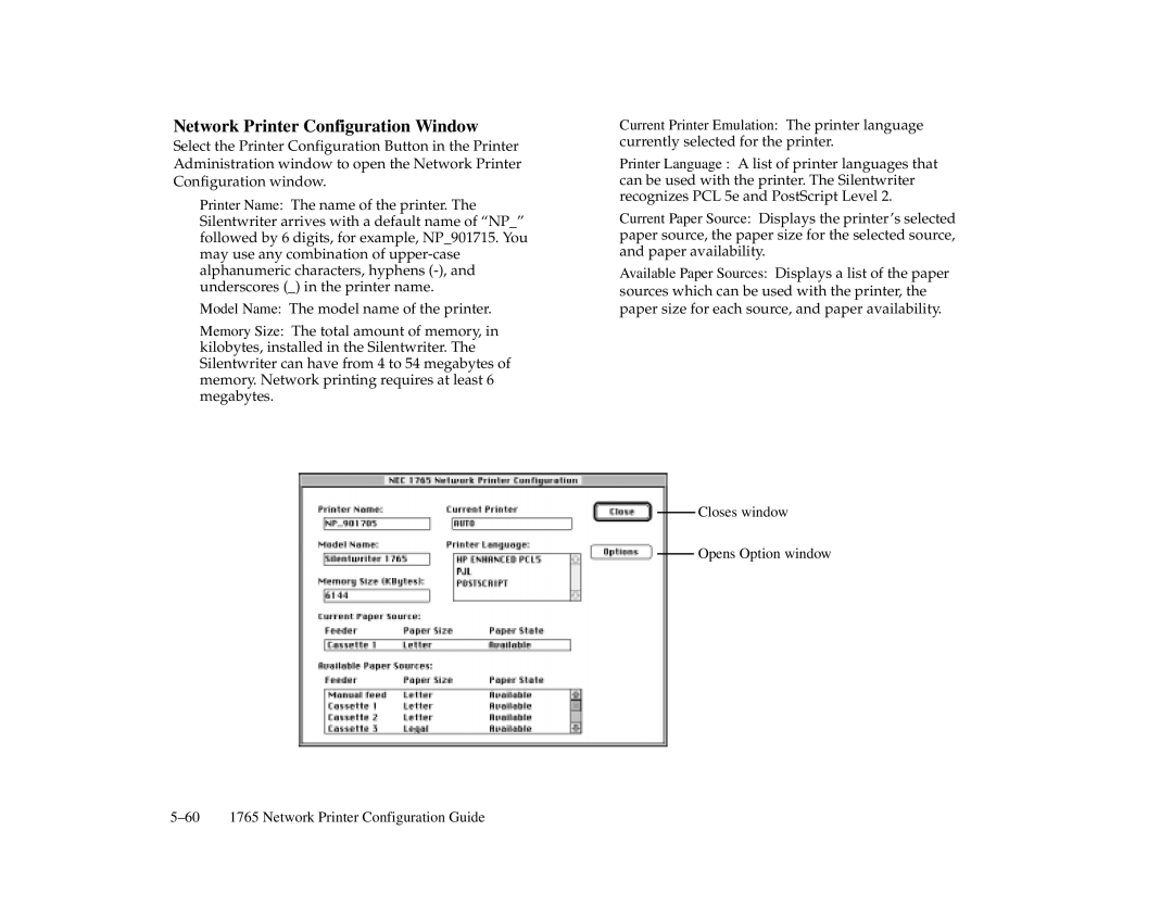 NEC 1765, 1700 Series manual Network Printer Configuration Window 