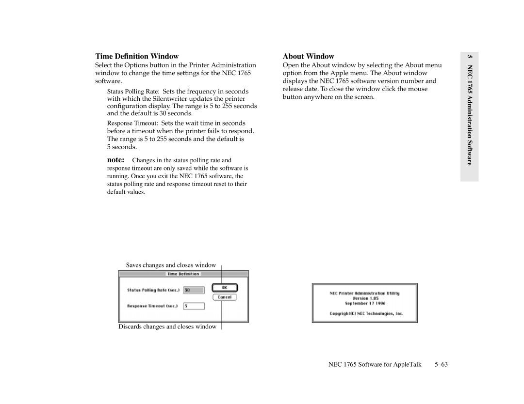 NEC 1700 Series, 1765 manual Time Definition Window, About Window 