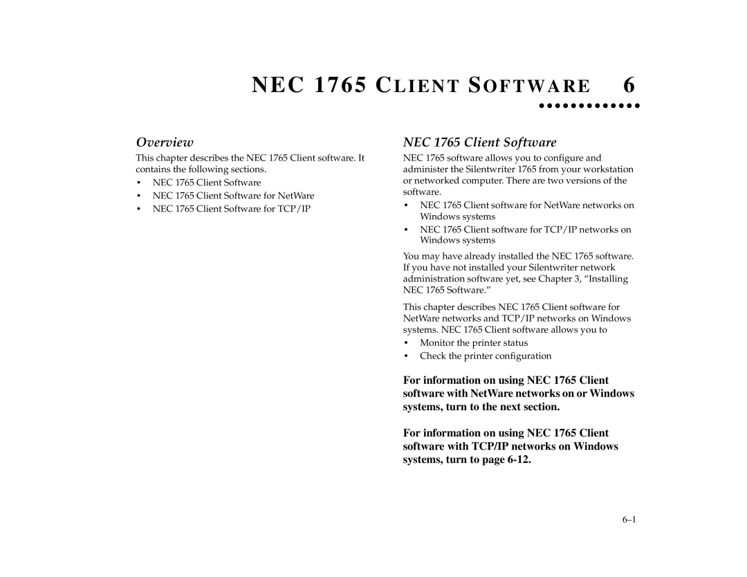 NEC 1700 Series manual NEC 1765 C L I E N T S O F T W a R E, NEC 1765 Client Software 