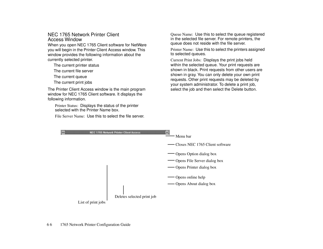 NEC 1700 Series manual NEC 1765 Network Printer Client Access Window 