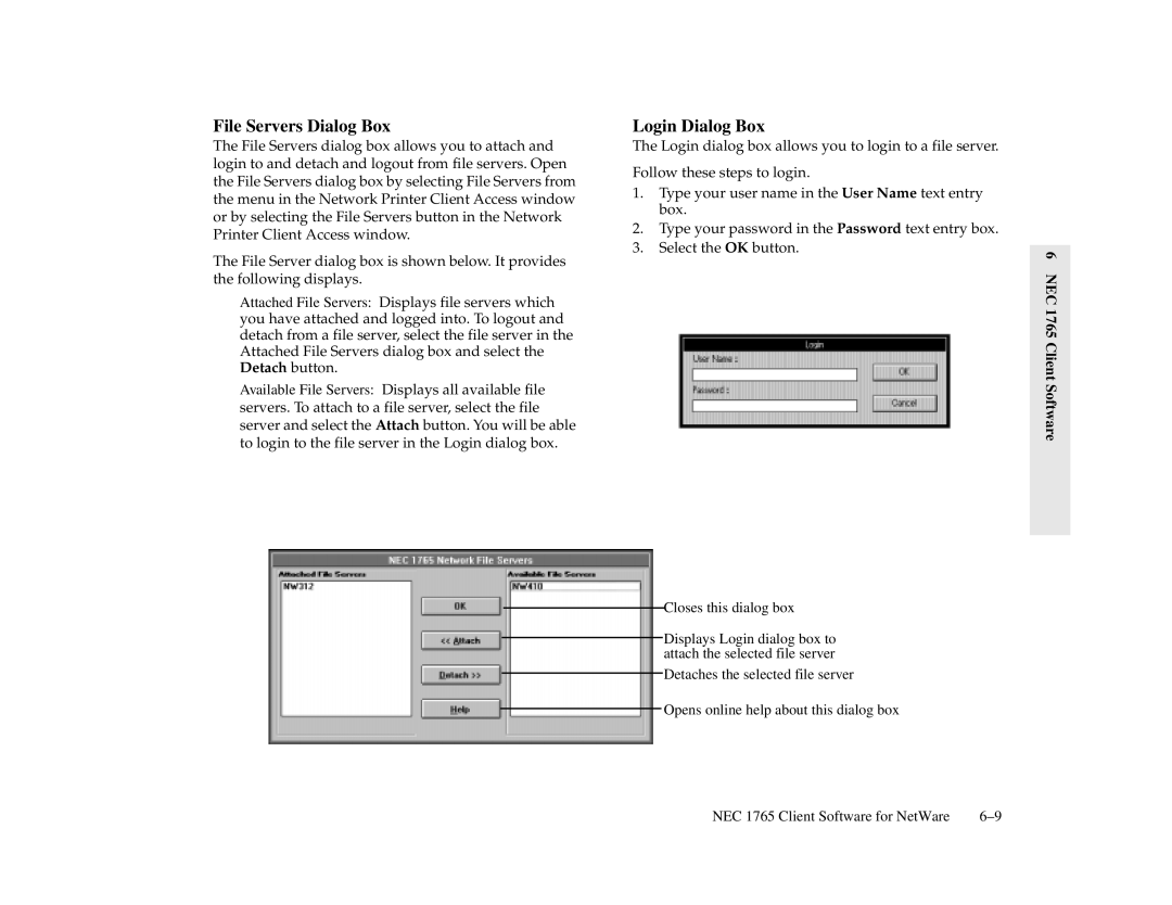 NEC 1700 Series, 1765 manual File Servers Dialog Box, Login Dialog Box 