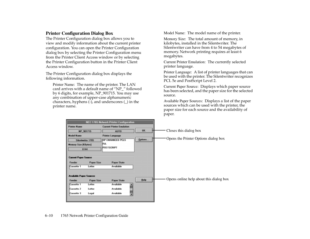 NEC 1765, 1700 Series manual Printer Configuration Dialog Box 