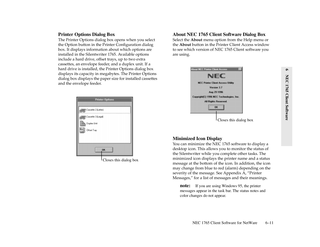 NEC 1700 Series manual About NEC 1765 Client Software Dialog Box, Minimized Icon Display 