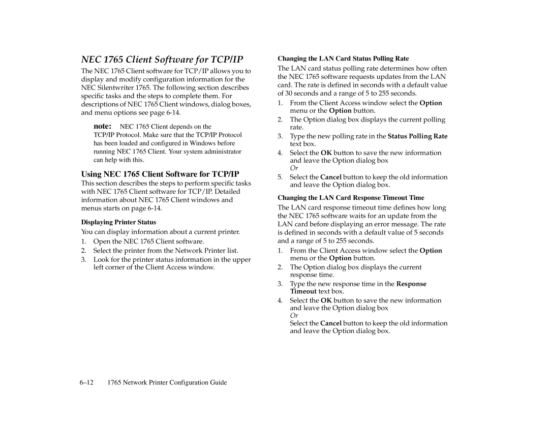 NEC 1700 Series manual Using NEC 1765 Client Software for TCP/IP, Changing the LAN Card Status Polling Rate 