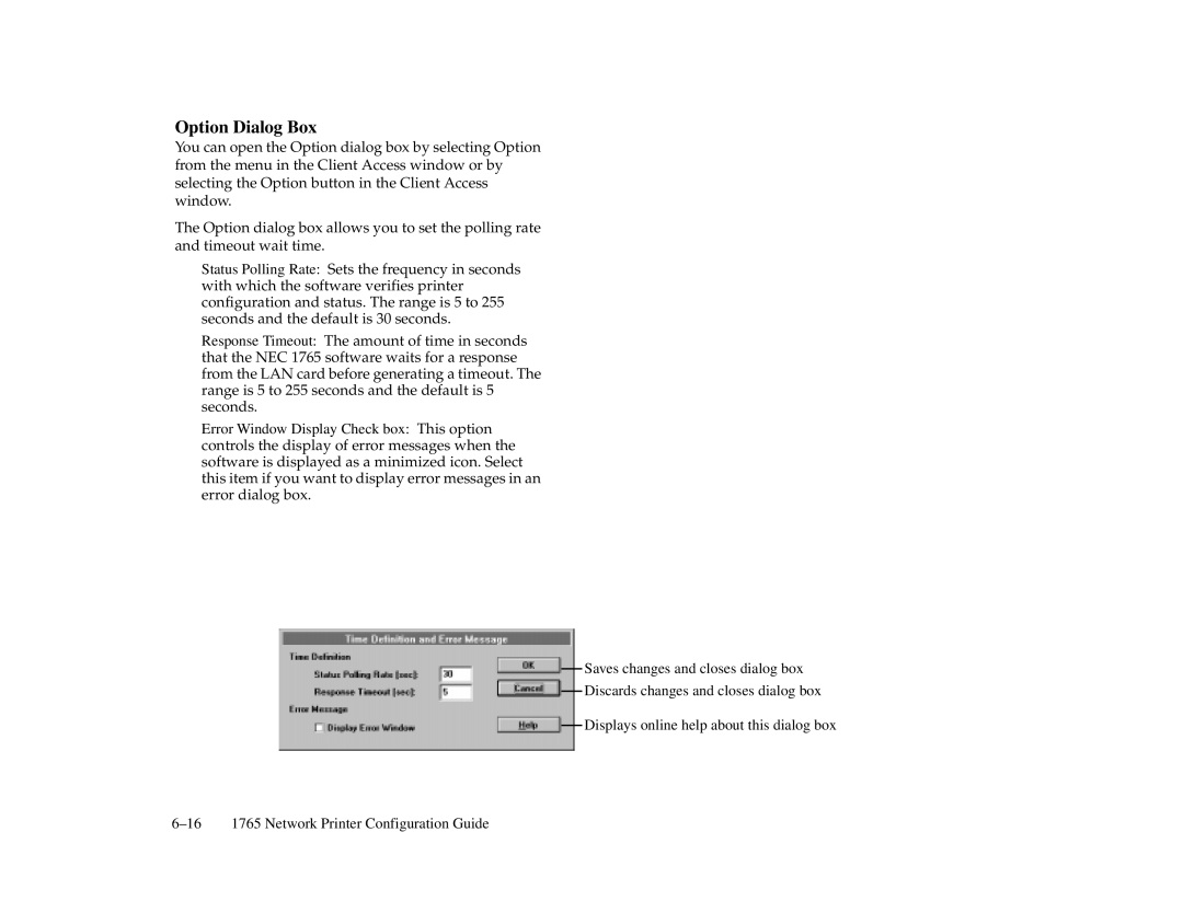 NEC 1765, 1700 Series manual Option Dialog Box 