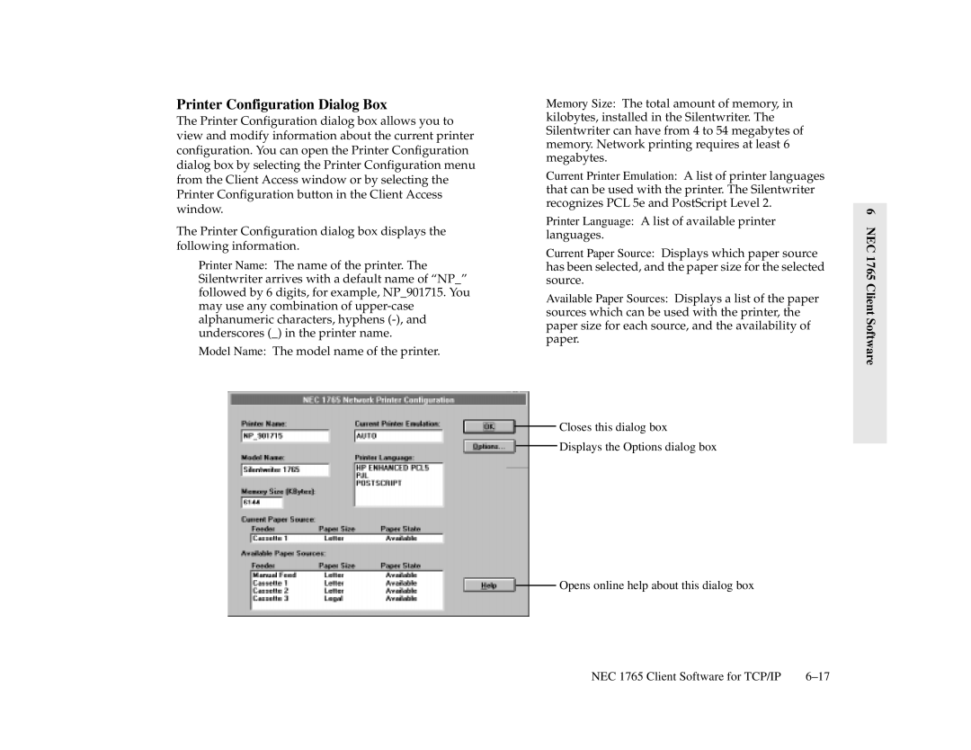 NEC 1700 Series, 1765 manual Printer Configuration Dialog Box 