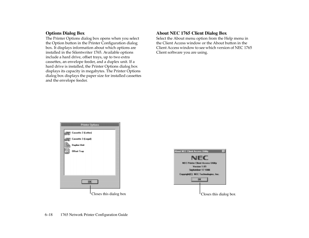 NEC 1700 Series manual Options Dialog Box, About NEC 1765 Client Dialog Box 