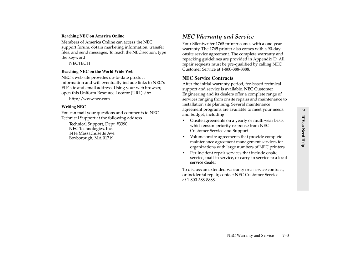 NEC 1700 Series, 1765 manual NEC Warranty and Service, NEC Service Contracts, Reaching NEC on America Online, Writing NEC 