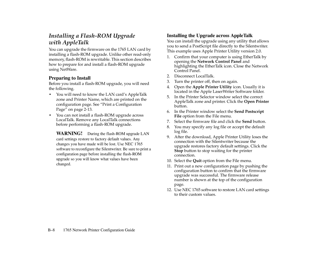 NEC 1765, 1700 Series manual Installing a Flash-ROM Upgrade with AppleTalk, Installing the Upgrade across AppleTalk 