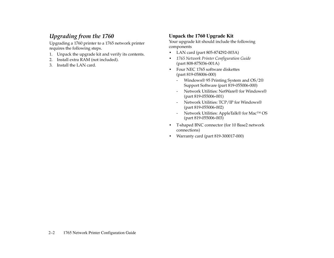 NEC 1765, 1700 Series manual Upgrading from, Unpack the 1760 Upgrade Kit 