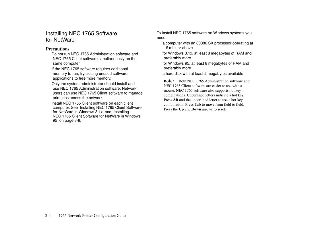 NEC 1700 Series manual Installing NEC 1765 Software for NetWare, Precautions 