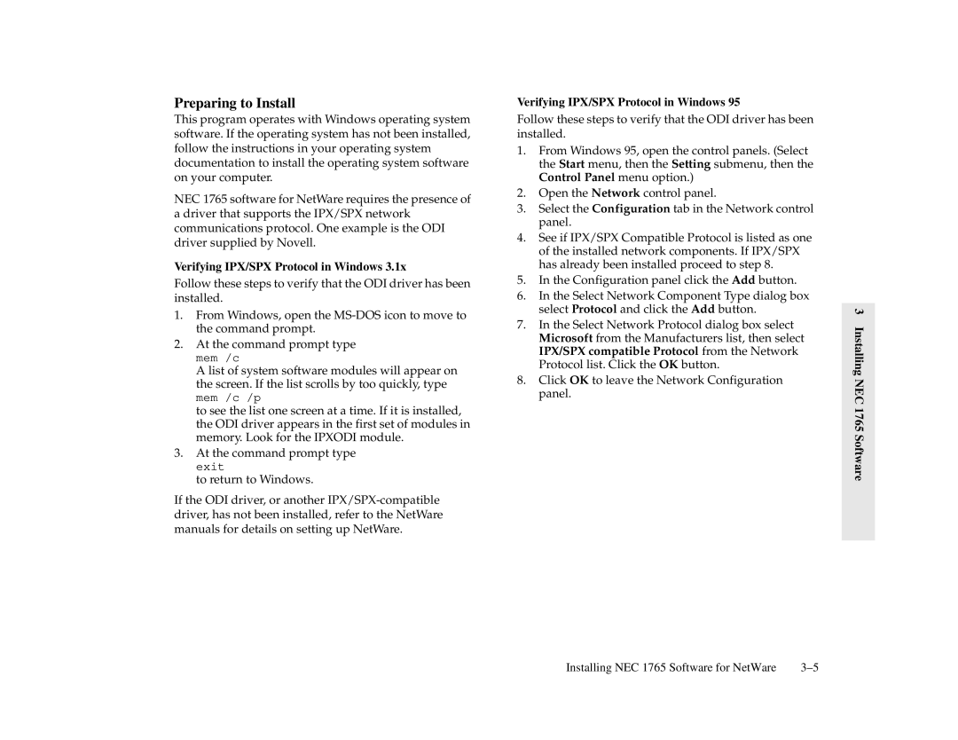 NEC 1700 Series, 1765 manual Preparing to Install, Verifying IPX/SPX Protocol in Windows 