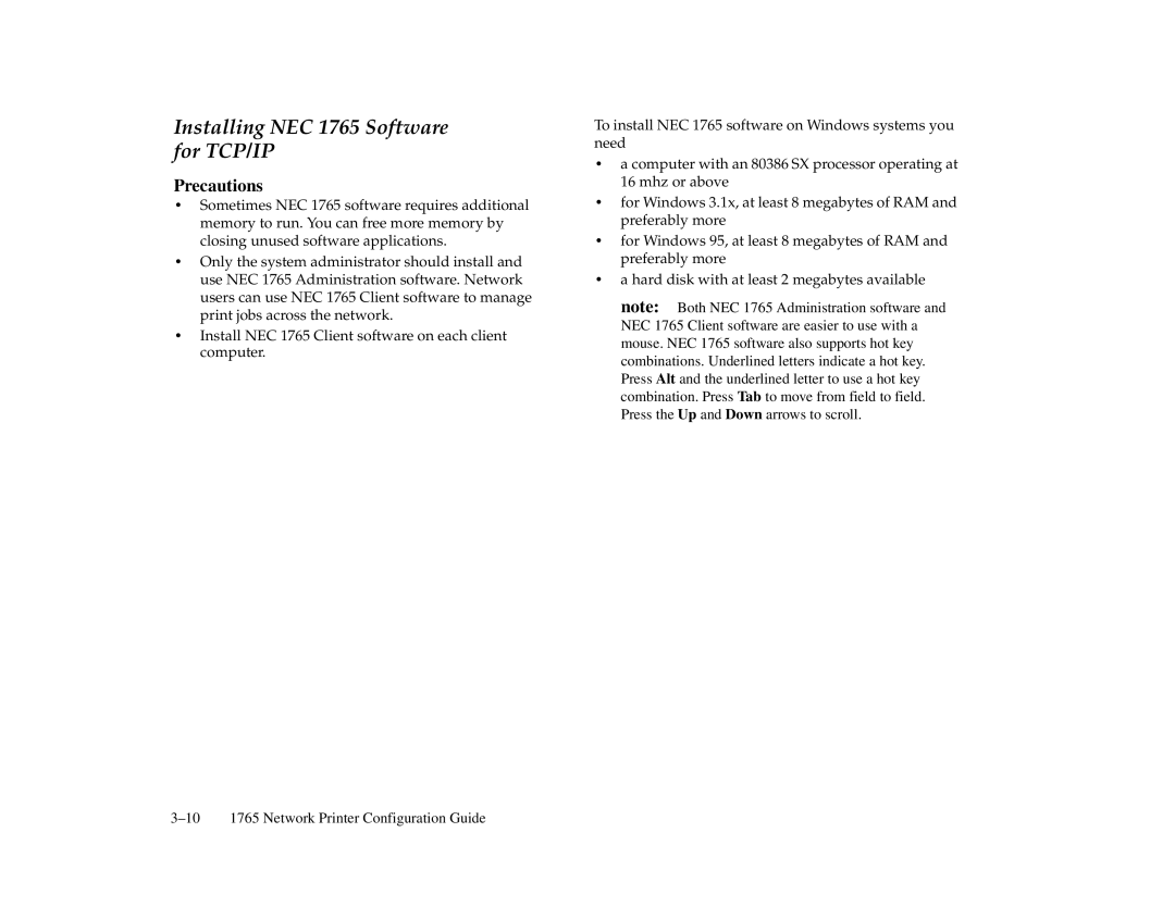 NEC 1700 Series manual Installing NEC 1765 Software for TCP/IP, Precautions 