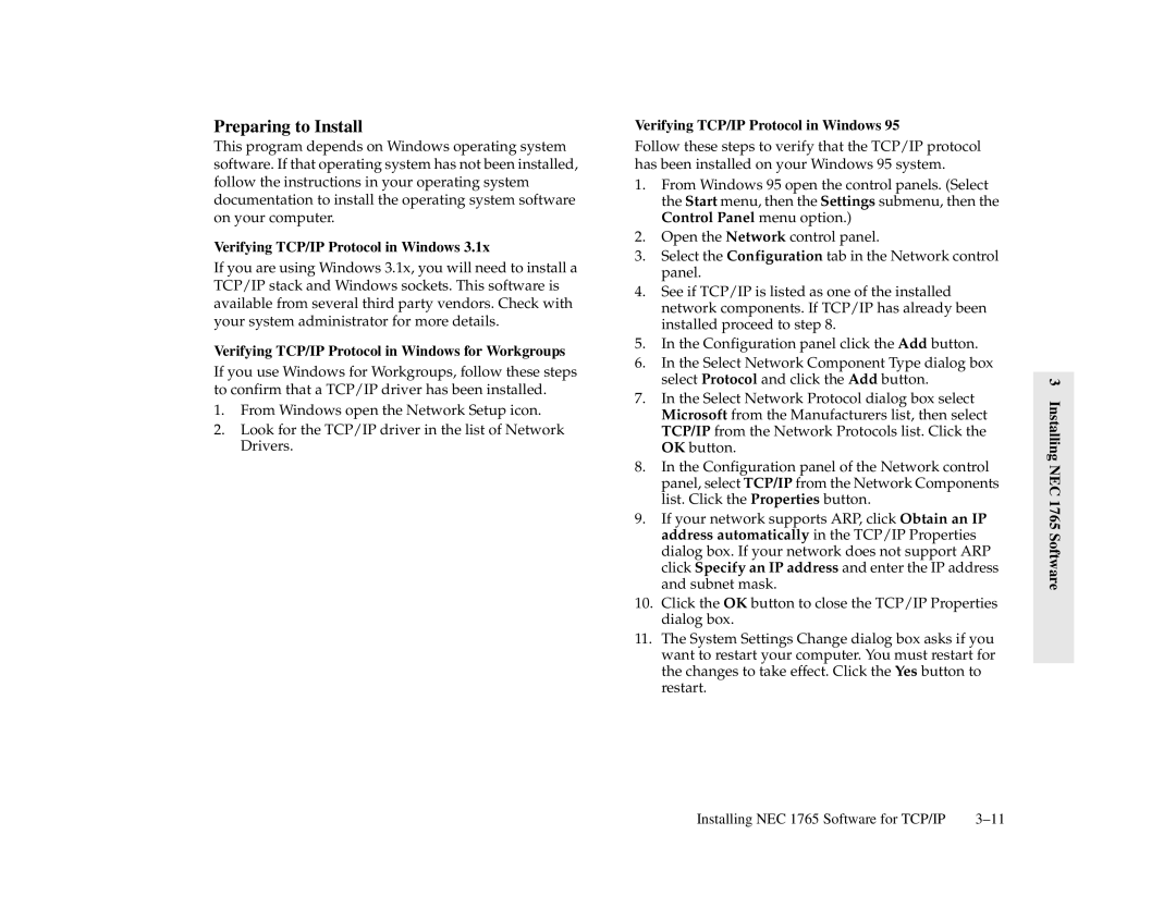 NEC 1700 Series, 1765 manual Verifying TCP/IP Protocol in Windows for Workgroups 