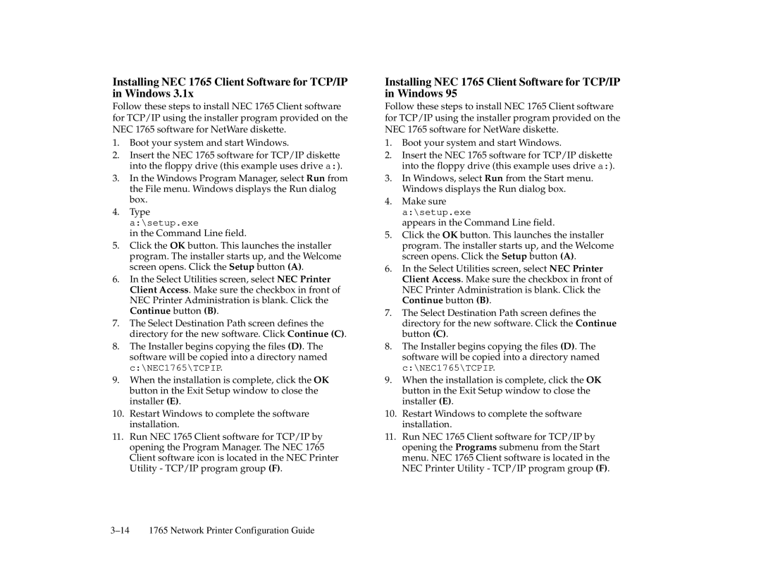 NEC 1700 Series manual Installing NEC 1765 Client Software for TCP/IP in Windows 