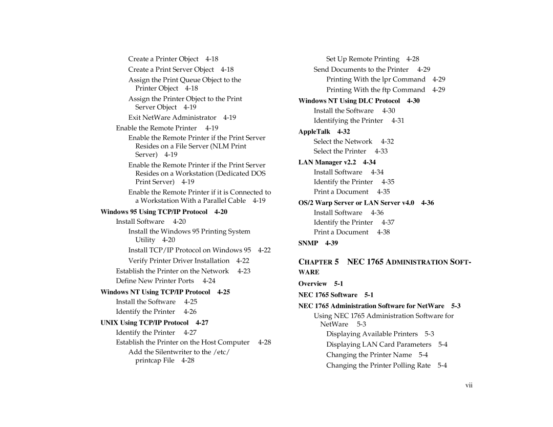 NEC 1700 Series Windows 95 Using TCP/IP Protocol, Windows NT Using TCP/IP Protocol, Unix Using TCP/IP Protocol, AppleTalk 