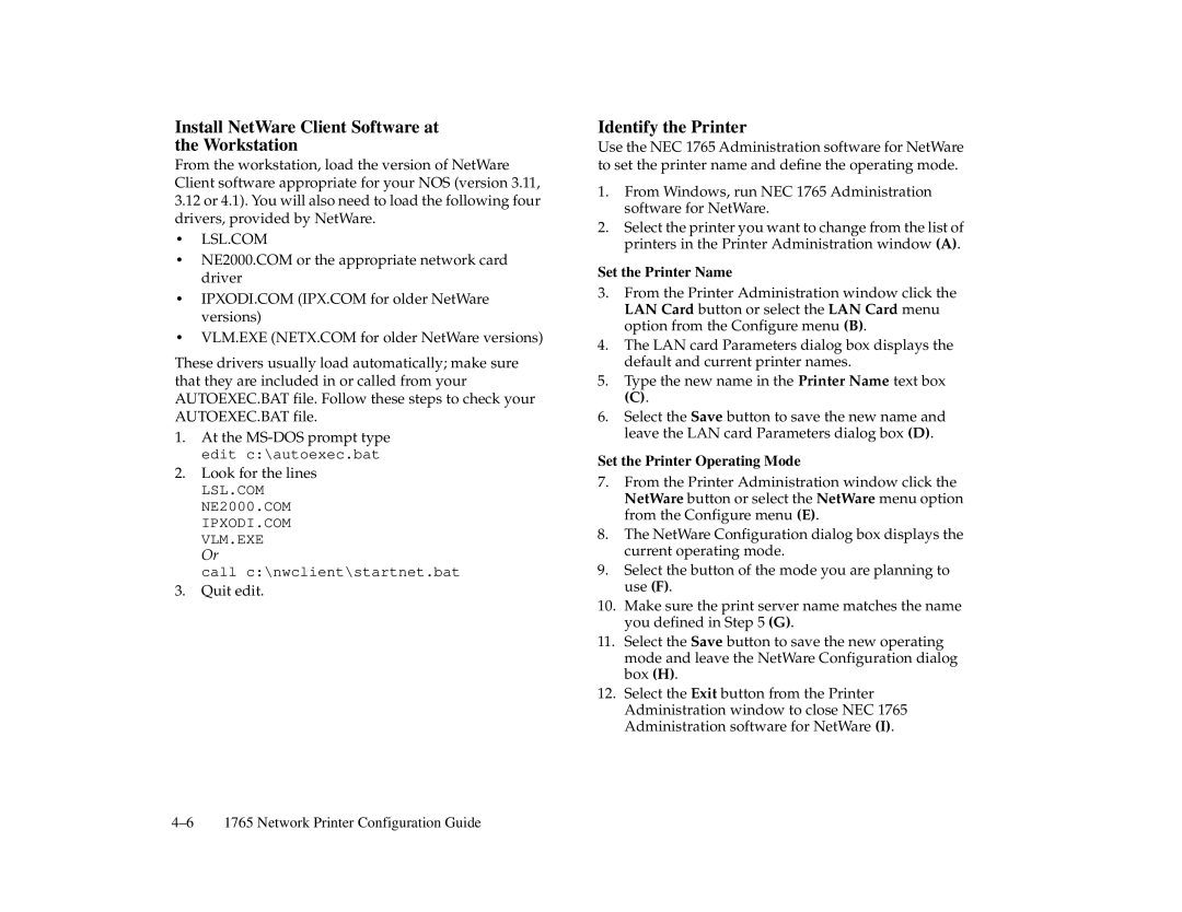 NEC 1765, 1700 Series manual Install NetWare Client Software at the Workstation, Identify the Printer, Set the Printer Name 