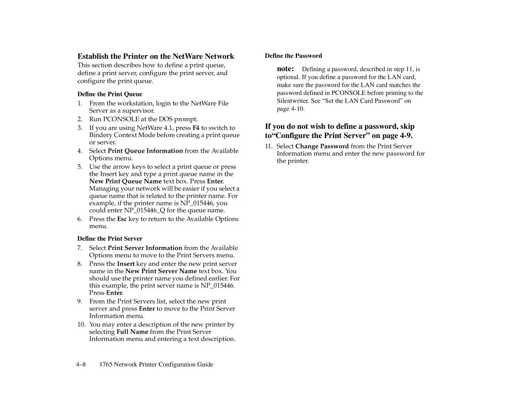 NEC 1765, 1700 Series manual Establish the Printer on the NetWare Network, Define the Print Queue, Define the Print Server 