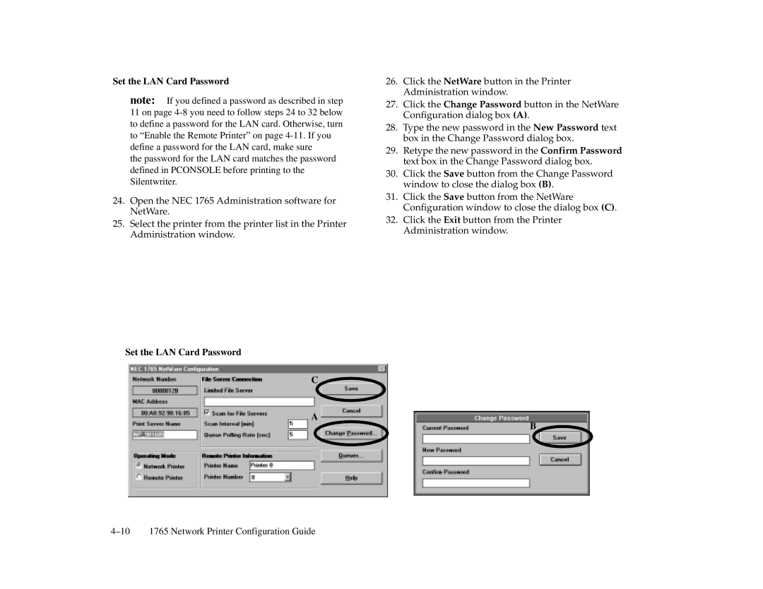 NEC 1765, 1700 Series manual Set the LAN Card Password 