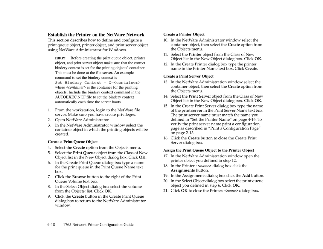 NEC 1765, 1700 Series manual Create a Print Queue Object, Create a Printer Object, Create a Print Server Object 