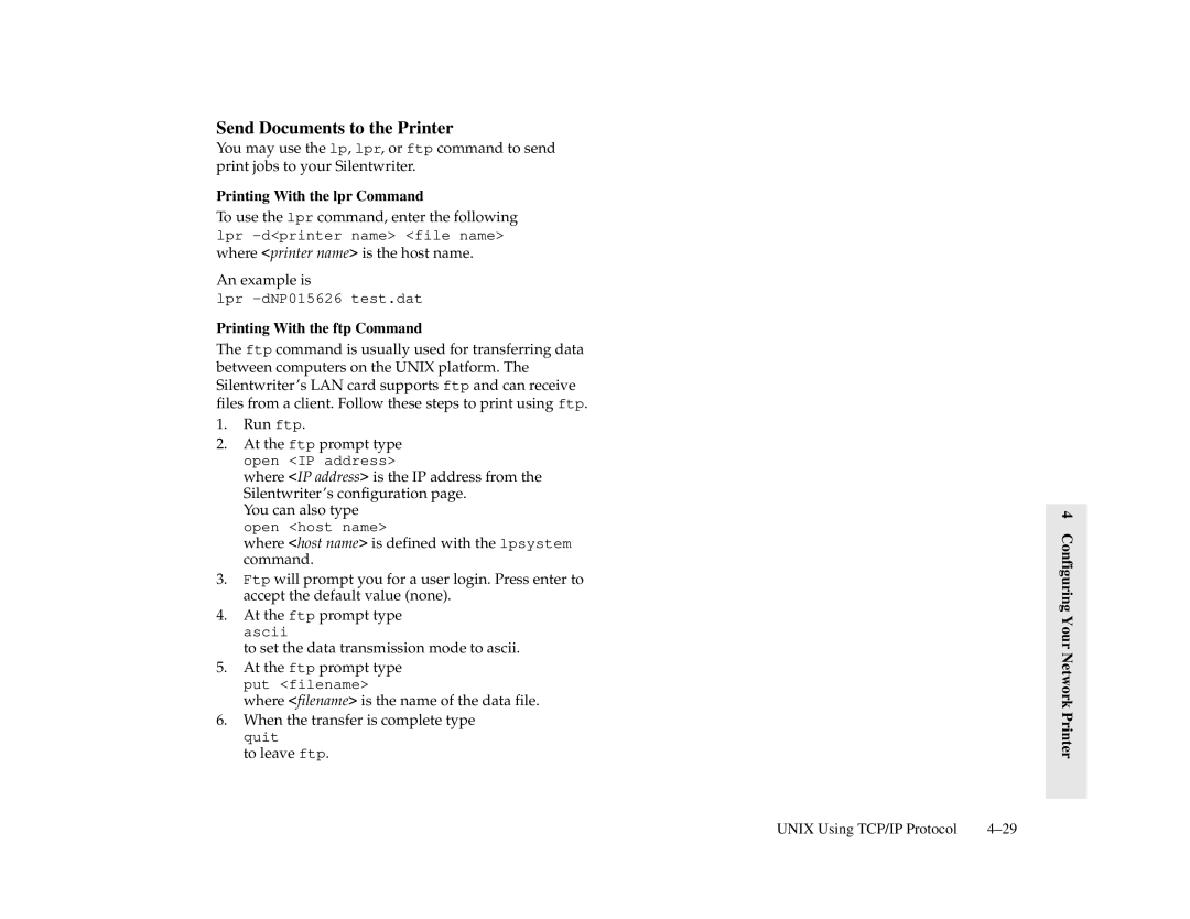 NEC 1700 Series, 1765 manual Send Documents to the Printer, Printing With the lpr Command, Printing With the ftp Command 