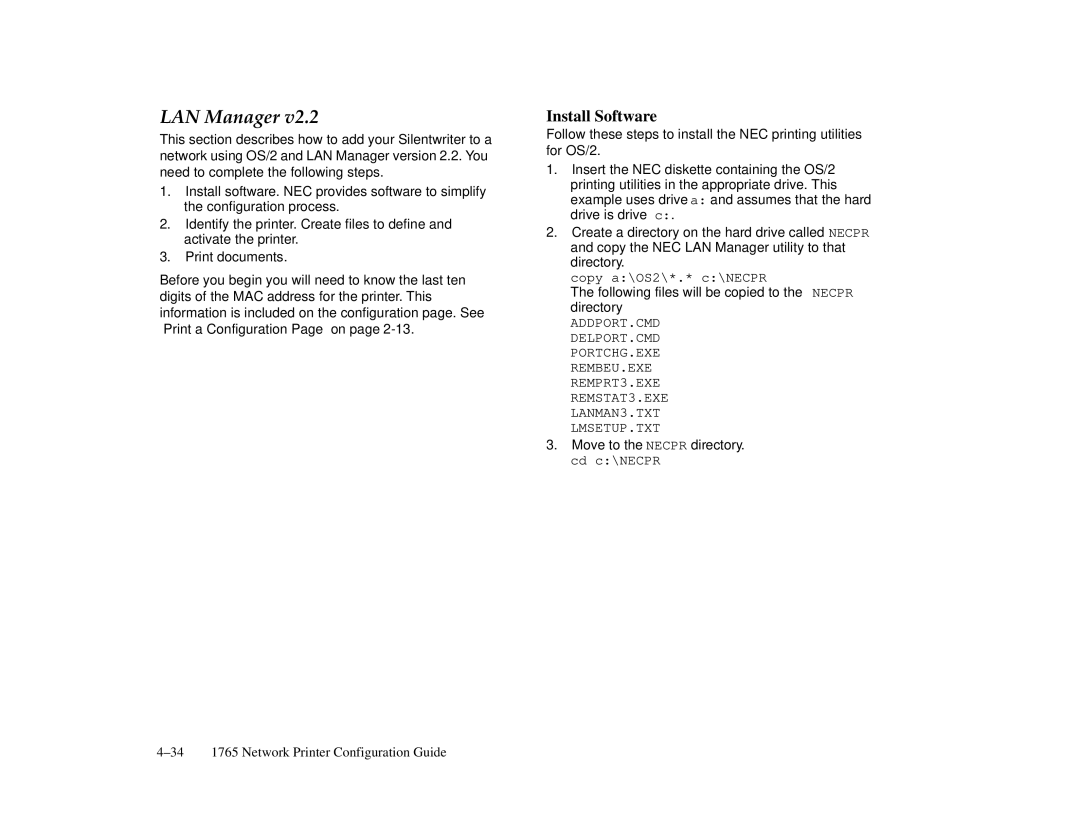 NEC 1765, 1700 Series manual LAN Manager, Following files will be copied to the Necpr directory 