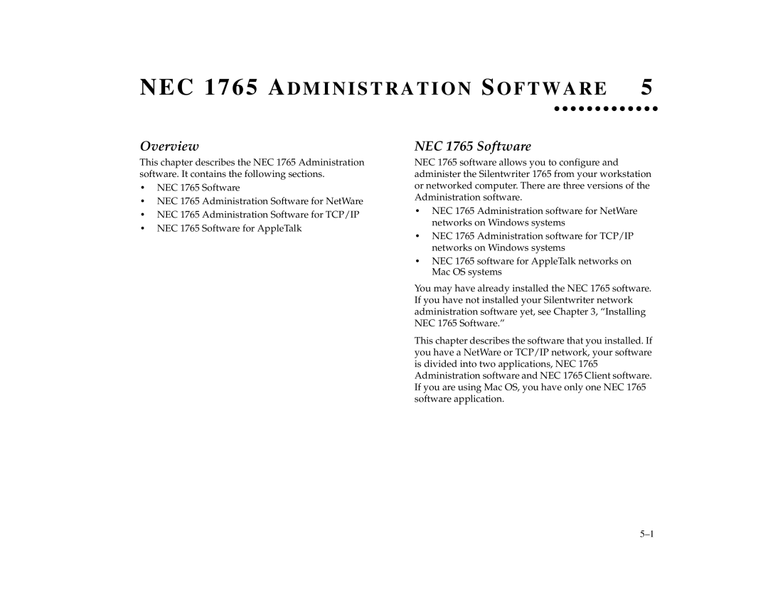 NEC 1700 Series manual NEC 1765 a D M I N I S T R a T I O N S O F T W a R E 