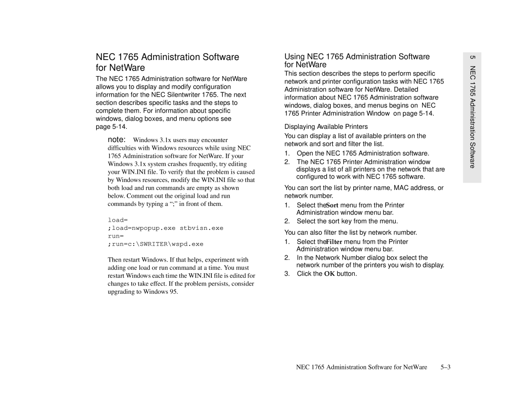 NEC 1700 Series manual Using NEC 1765 Administration Software for NetWare, Displaying Available Printers 