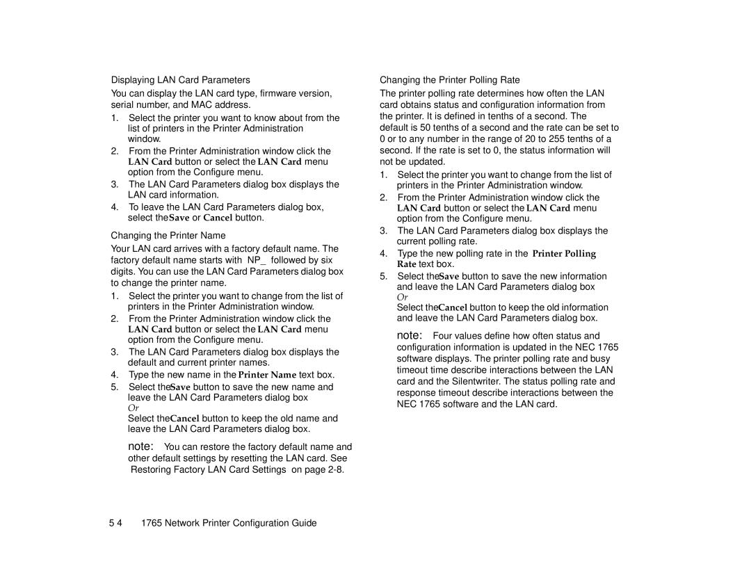 NEC 1765, 1700 Series manual Displaying LAN Card Parameters, Changing the Printer Name, Changing the Printer Polling Rate 