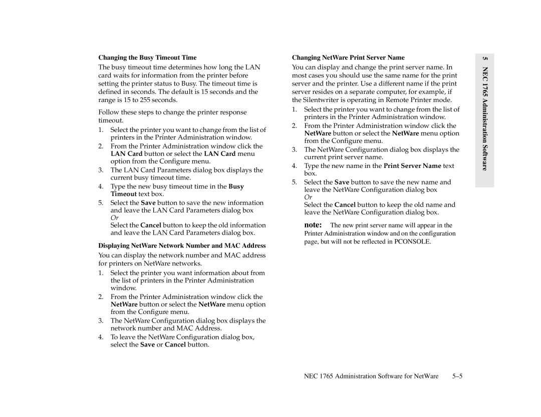 NEC 1700 Series, 1765 manual Changing the Busy Timeout Time, Displaying NetWare Network Number and MAC Address 