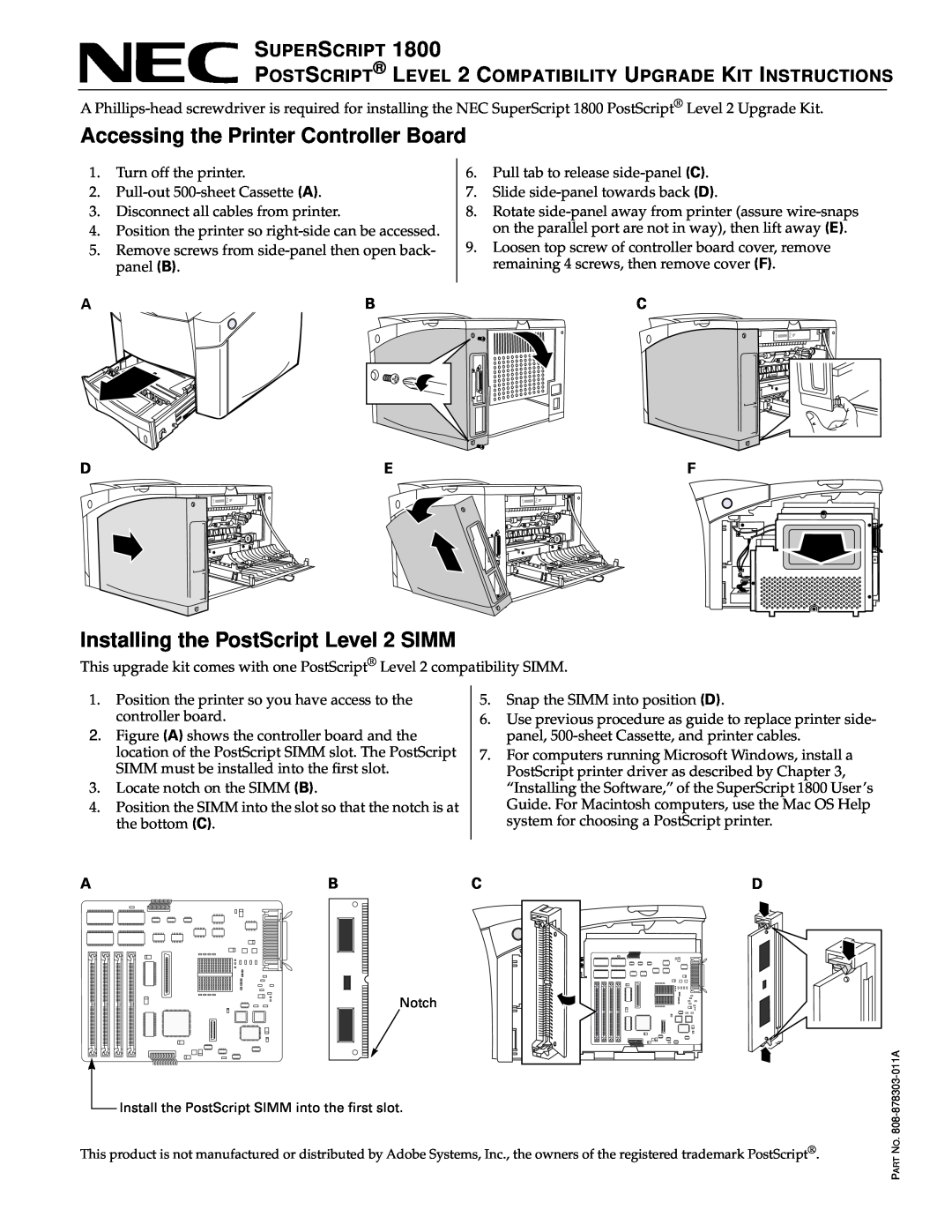 NEC 1800 manual Accessing the Printer Controller Board, Installing the PostScript Level 2 SIMM, Nec Superscript 