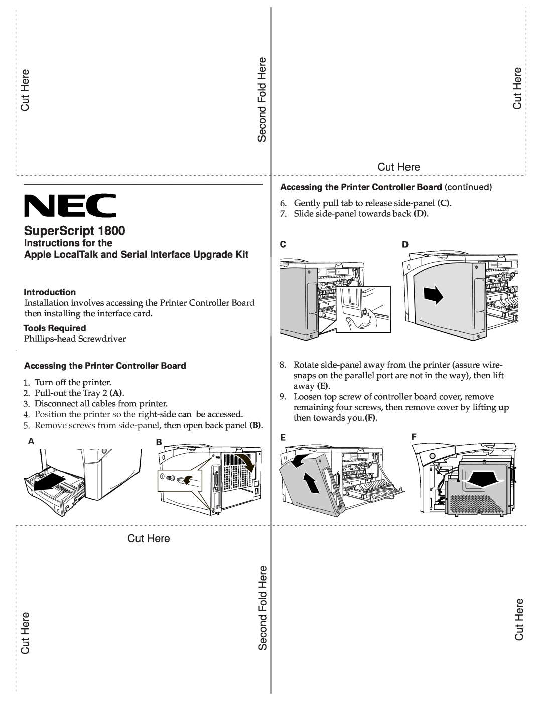 NEC 1800 Cut Here, Second Fold Here, SuperScript, Instructions for the, Apple LocalTalk and Serial Interface Upgrade Kit 