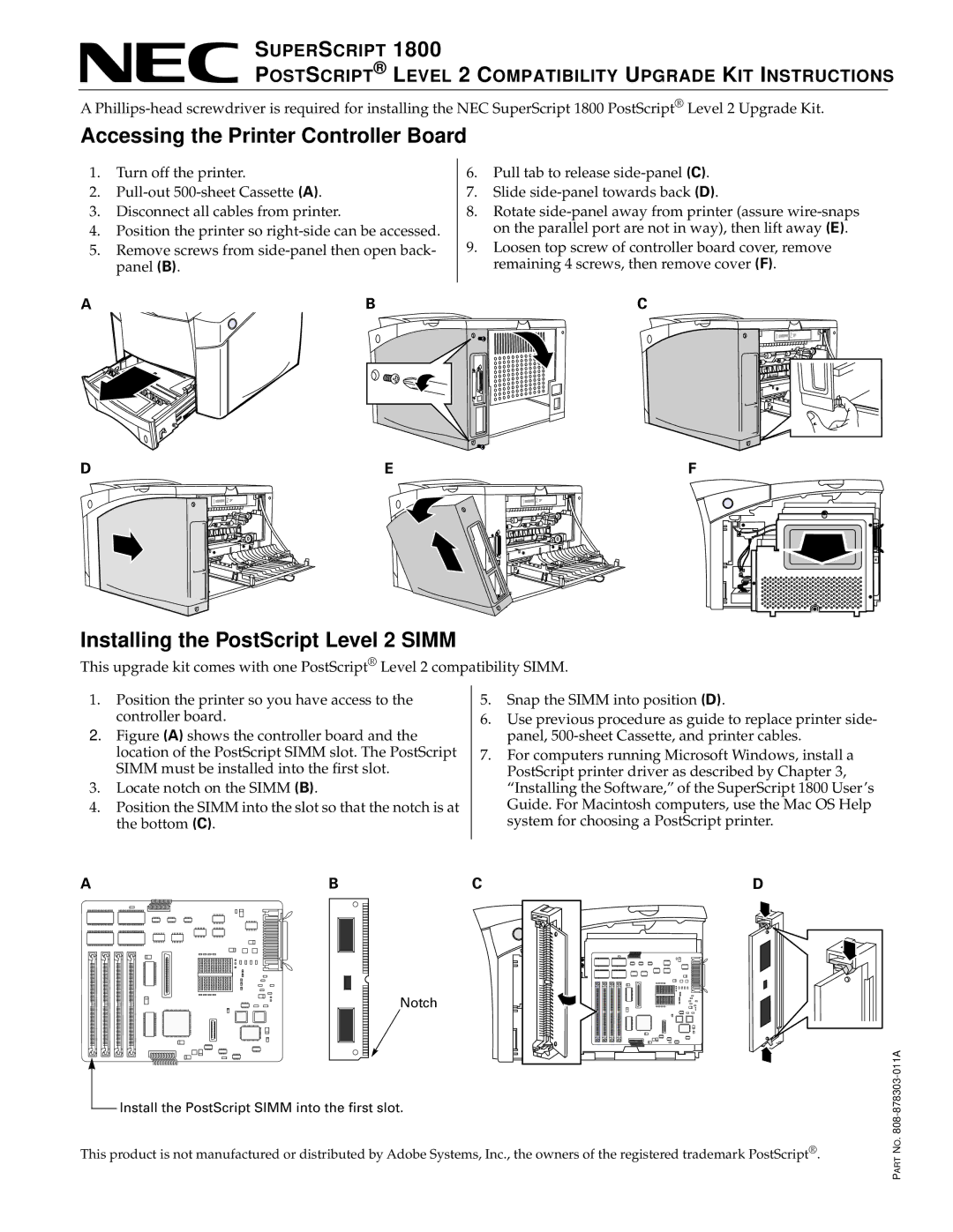 NEC 1800 manual Accessing the Printer Controller Board, Installing the PostScript Level 2 Simm 