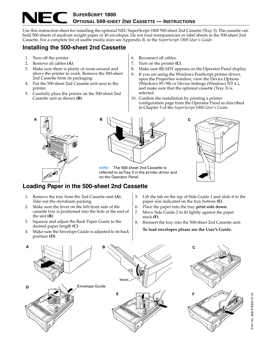 NEC 1800 manual Installing the 500-sheet 2nd Cassette, Optional 500-SHEET 2ND Cassette Instructions 