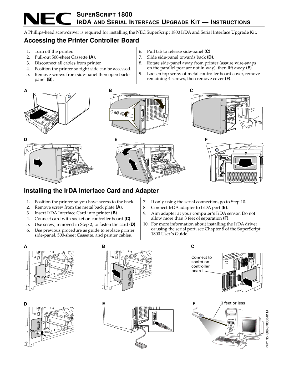 NEC 1800 manual Installing the IrDA Interface Card and Adapter 