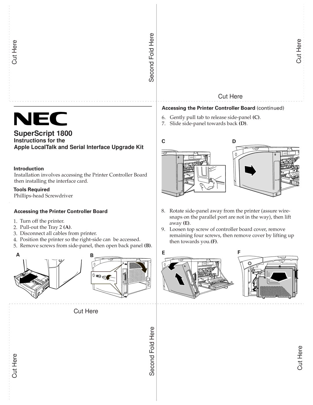 NEC 1800 manual Cut Here Second Fold Here, Accessing the Printer Controller Board, Introduction, Tools Required 