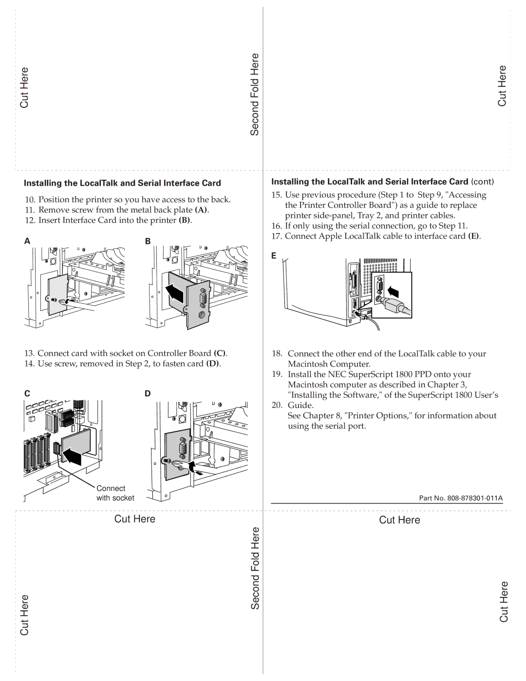 NEC 1800 manual Cut Here, Installing the LocalTalk and Serial Interface Card 