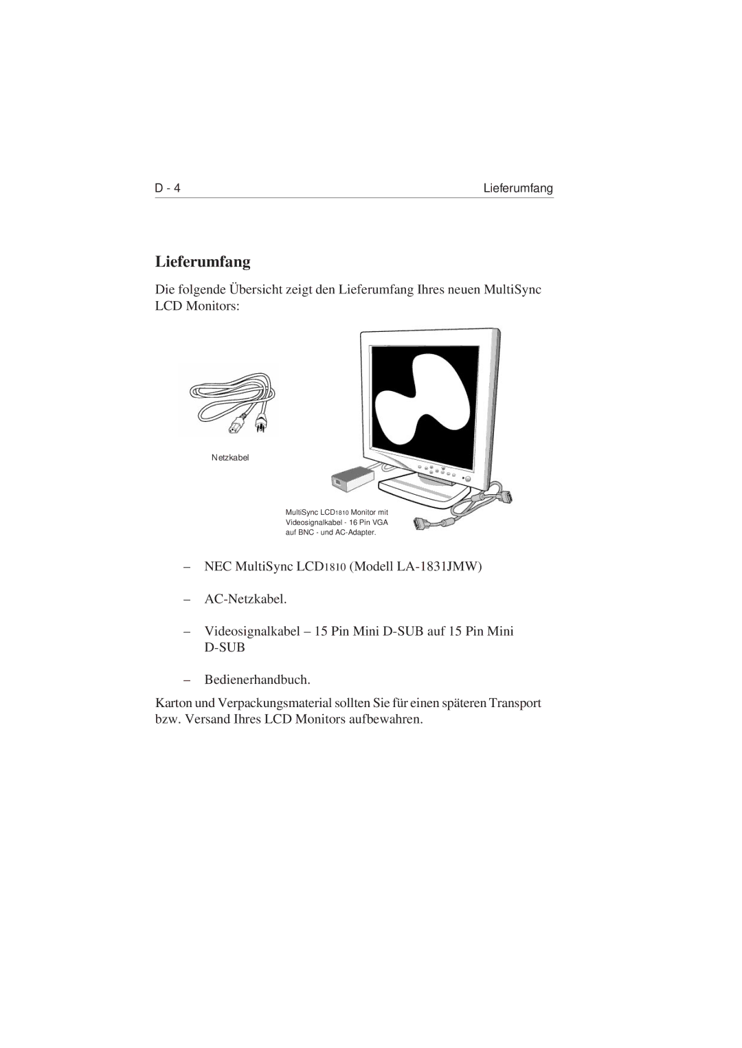 NEC 1810 user manual Lieferumfang 