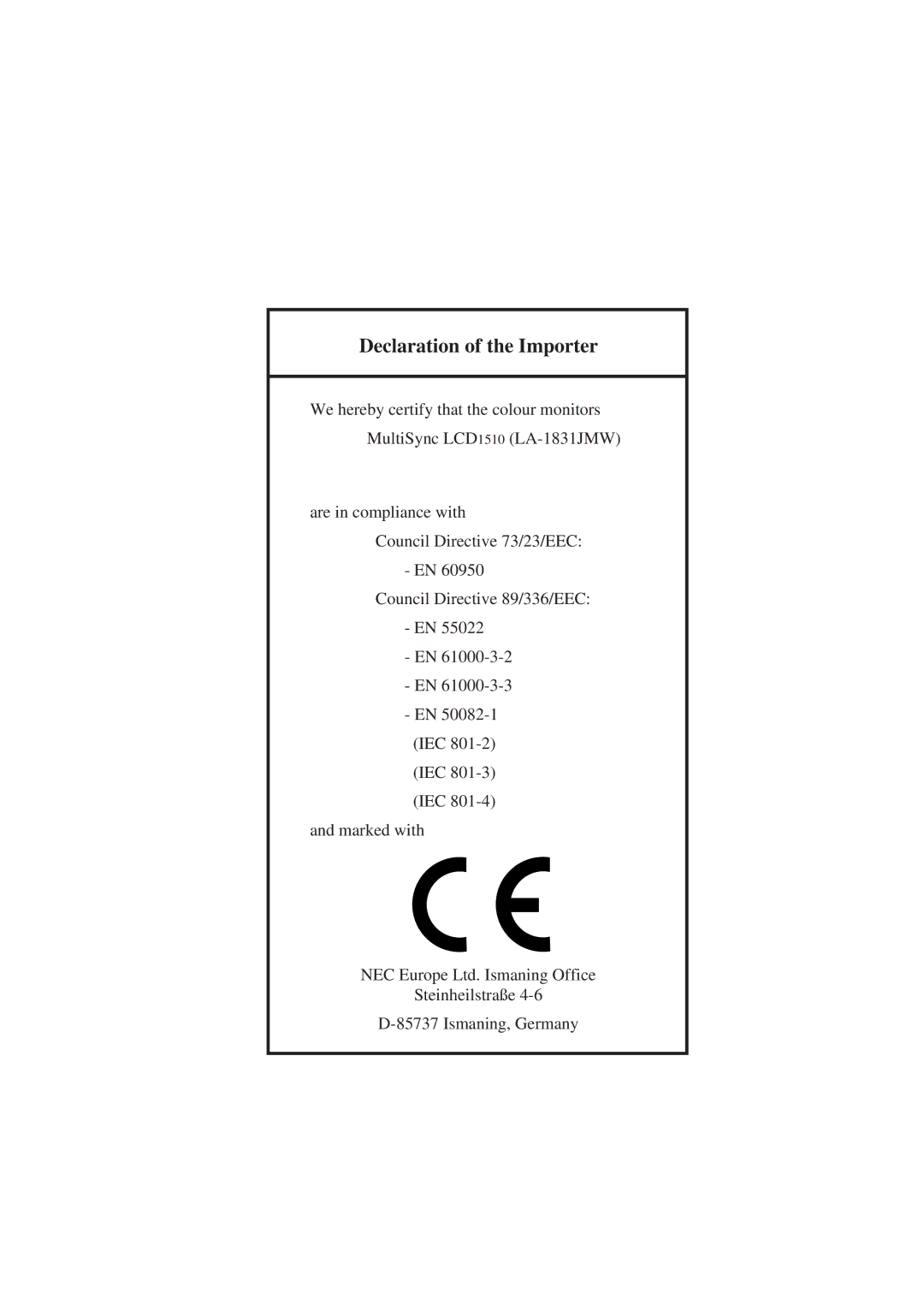 NEC 1810 user manual Declaration of the Importer 