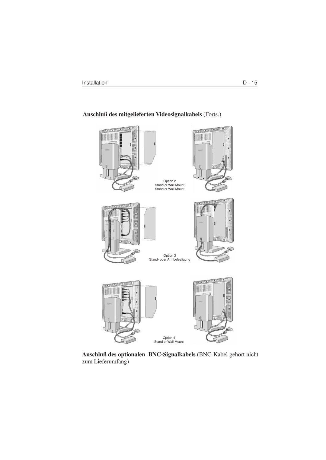 NEC 1810 user manual Anschluß des mitgelieferten Videosignalkabels Forts 