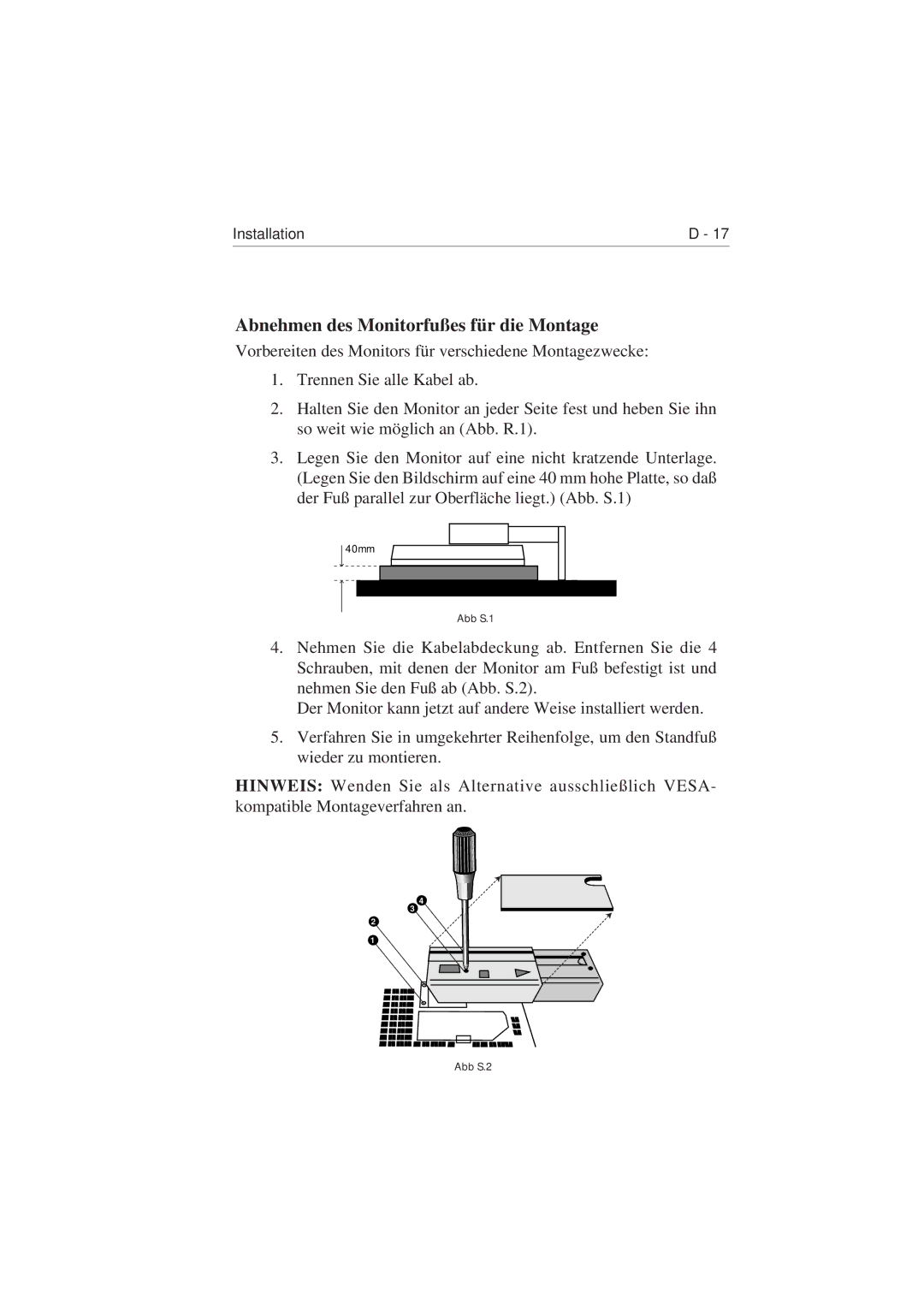 NEC 1810 user manual Abnehmen des Monitorfußes für die Montage, FigureAbbSS.1.1 