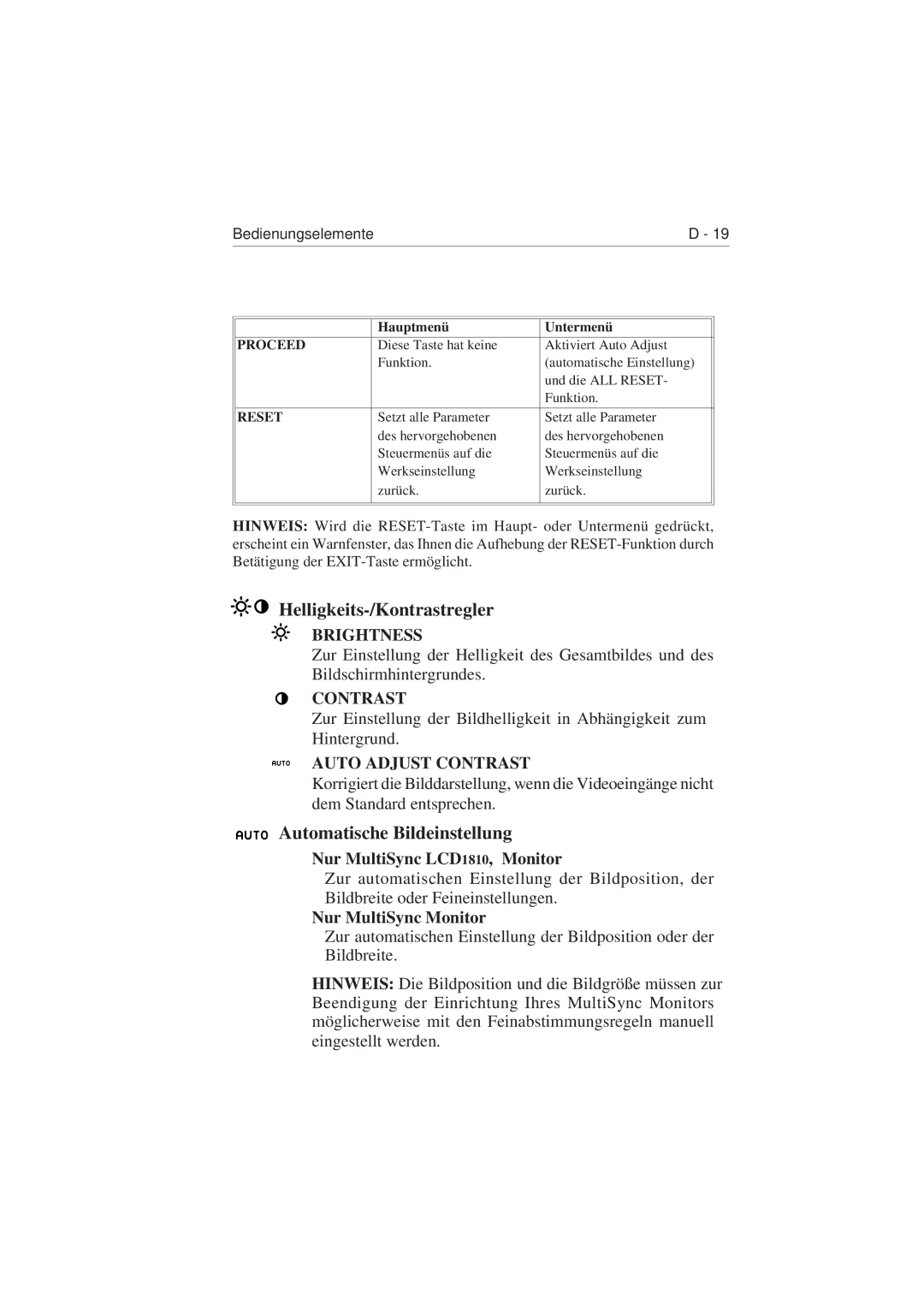 NEC 1810 user manual Helligkeits-/Kontrastregler, Automatische Bildeinstellung 